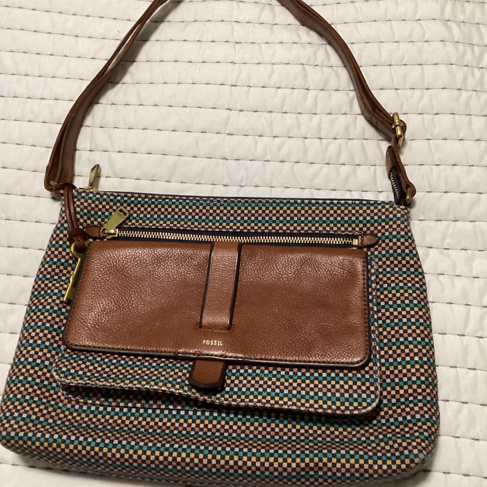 Multi color leather trimmed Fossil crossbody handbag
